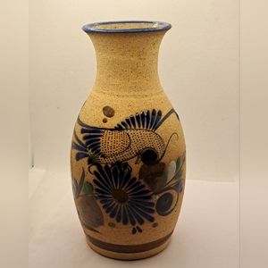 Vintage Tonala Mexico Hand Painted Signed Pottery Vase with Bird and Flowers.